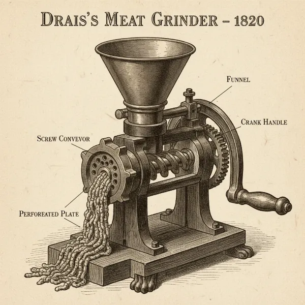 A detailed illustration or historical depiction of Karl Drais's initial hand-cranked meat grinder design.