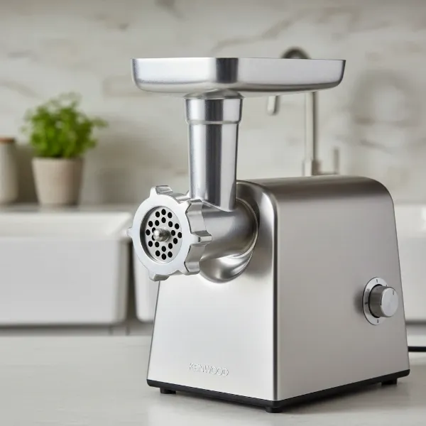 close-up of kenwood mg510 meat grinder showcasing its brushed metal body and robust components
