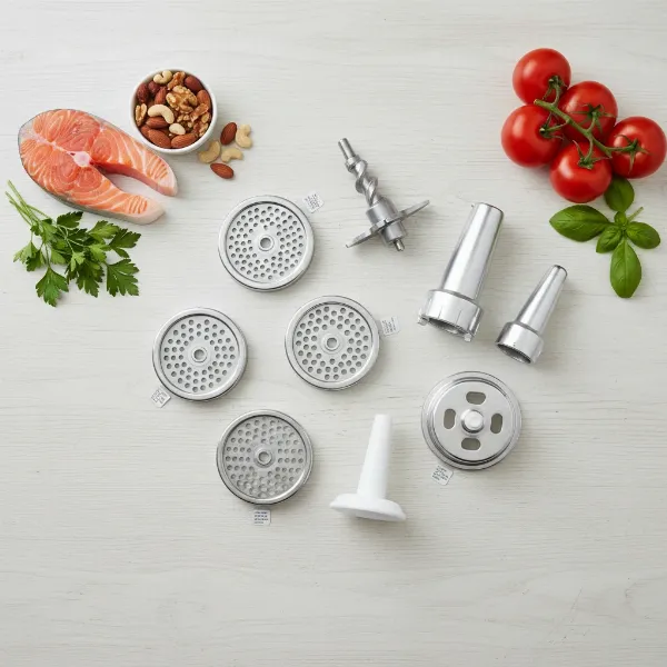 various attachments for kenwood mg510 meat grinder including mincing screens, sausage, and kebbe makers