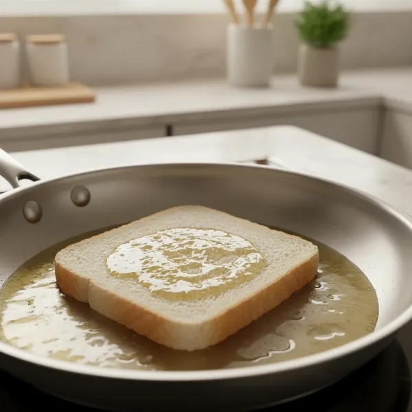 a slice of bread absorbing kitchen grease from a pan on a clean kitchen counter