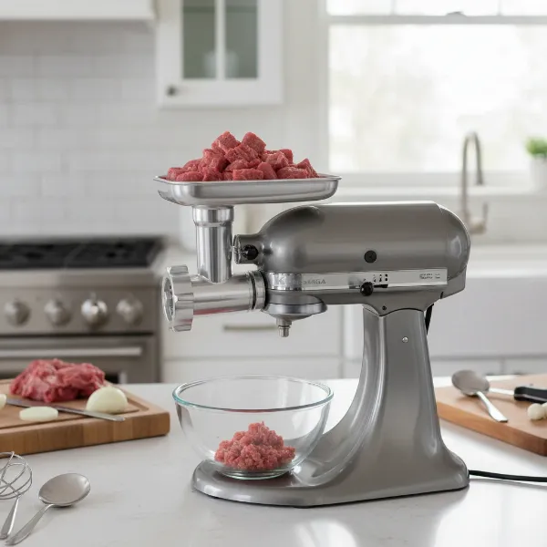 KitchenAid stand mixer with the metal food grinder attachment connected, ready for use.