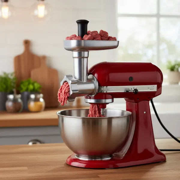A KitchenAid stand mixer with its metal food grinder attachment actively grinding meat, showcasing convenience.