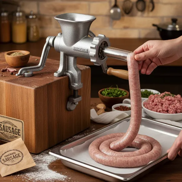 KITCHENER #12 meat grinder with sausage stuffer tubes attached, making homemade sausages.