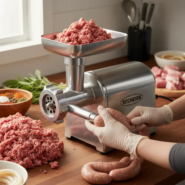 Electric meat grinder with sausage stuffing attachments in use, making fresh sausages.