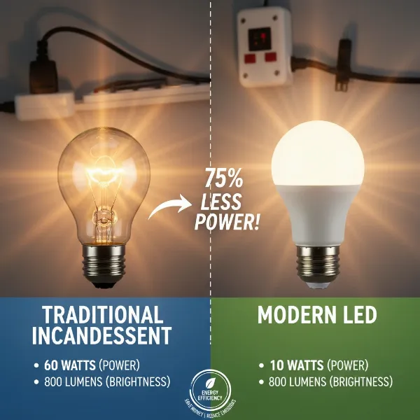 Comparison of an old incandescent light bulb and a modern LED bulb, highlighting that LEDs provide more lumens with less wattage.