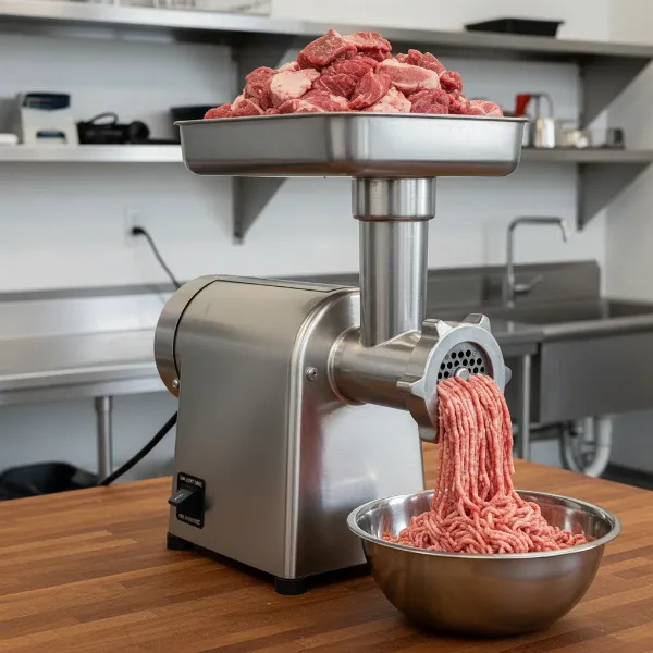 A powerful LEM Big Bite #12 electric meat grinder in a butcher shop setting, showcasing its commercial-grade features.
