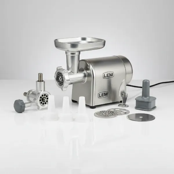LEM Big Bite #8 meat grinder with all its stainless steel components and accessories.