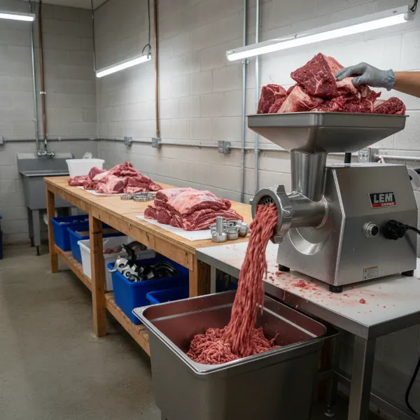 LEM Big Bite heavy-duty stainless steel meat grinder processing large quantities of venison.