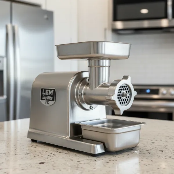 Full view of the LEM Big Bite #12 stainless steel meat grinder in a modern kitchen setting.