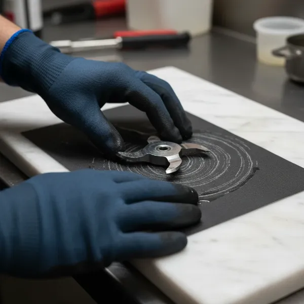 Person manually sharpening a meat grinder blade on wet sandpaper for optimal cutting performance.