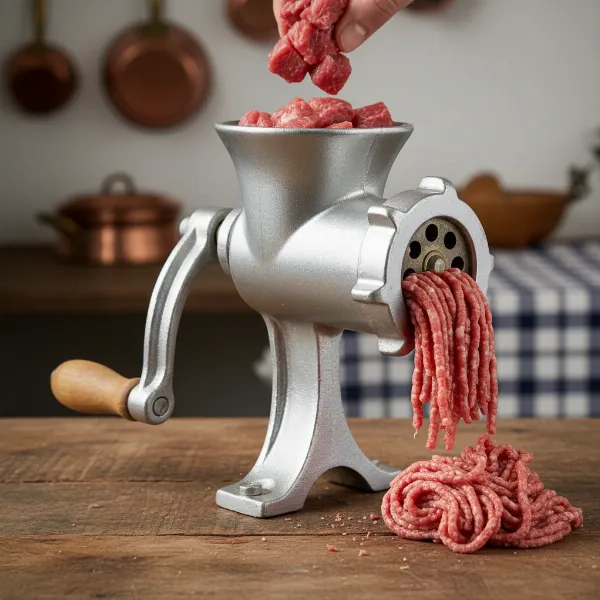 A classic, sturdy manual hand-crank meat grinder, showcasing its simple all-metal design and portability.