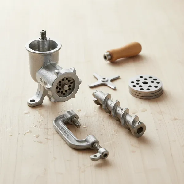 Disassembled manual meat grinder parts on a clean surface, emphasizing ease of cleaning and hygiene.