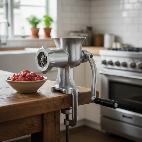A classic manual meat grinder clamped to a wooden countertop, ready for use with a small batch of meat.