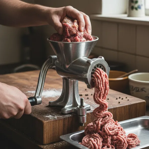 person grinding meat using classic hand crank manual grinder