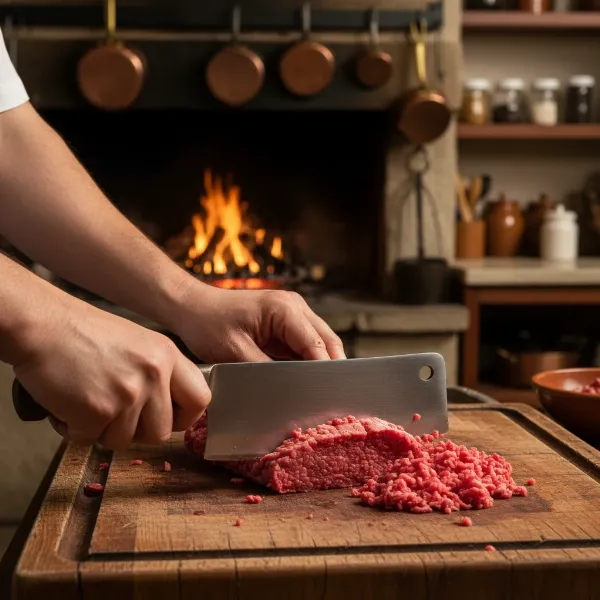 A chef meticulously mincing meat by hand with a large cleaver and knives on a wooden board.