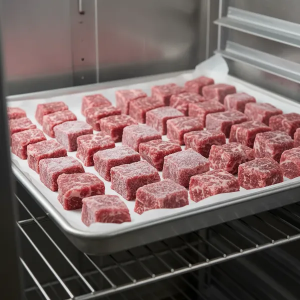 Raw meat chunks on a baking sheet flash chilling in a freezer for grinding