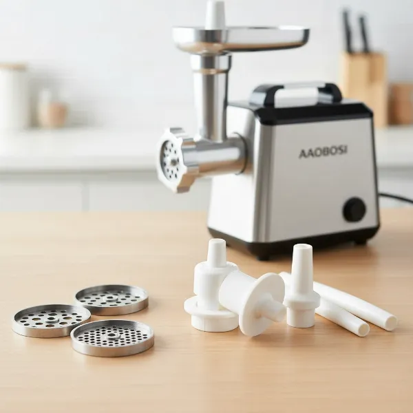 Various meat grinder attachments including plates, sausage stuffers, and a kubbe kit.