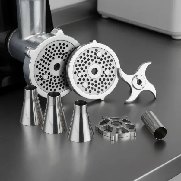 Various meat grinder attachments including coarse plate, medium plate, and sausage stuffing kit