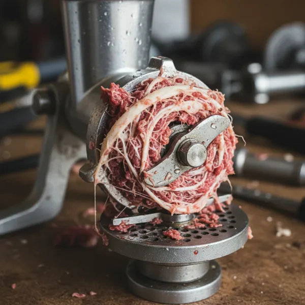 A close-up of a meat grinder auger severely clogged with tangled sinew and meat.