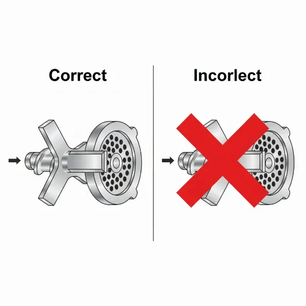 A diagram showing the wrong orientation of a meat grinder blade during assembly.