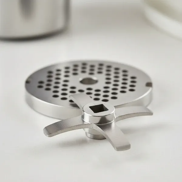 Close-up of a meat grinder blade and grinding plate components, showing their design and how they fit together.