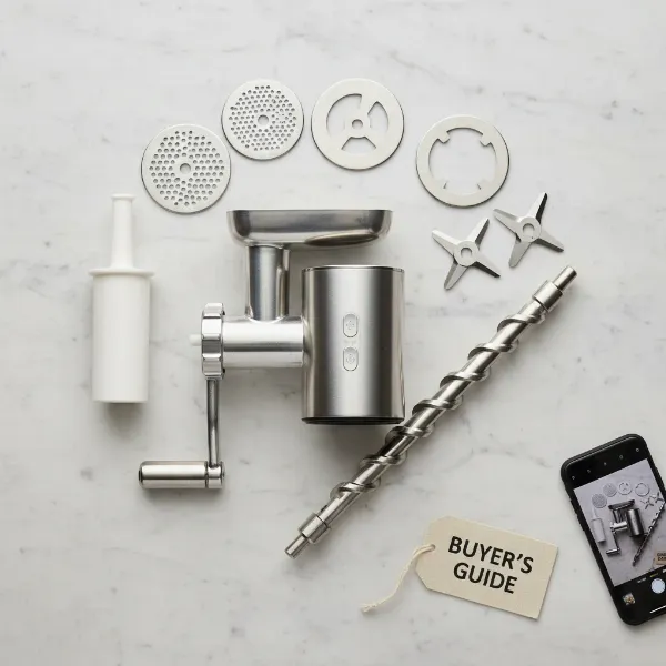Various components of a meat grinder laid out for inspection, highlighting features for buying.