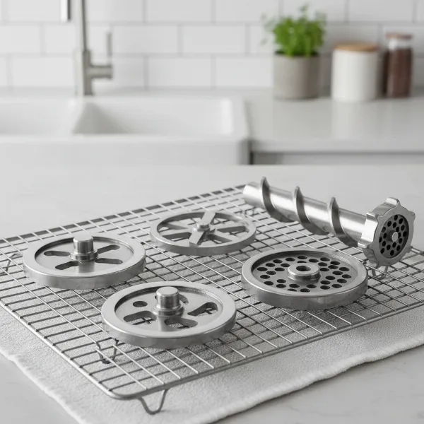 Close-up of clean, dry, and disassembled carbon steel meat grinder plates and knives on a drying rack.