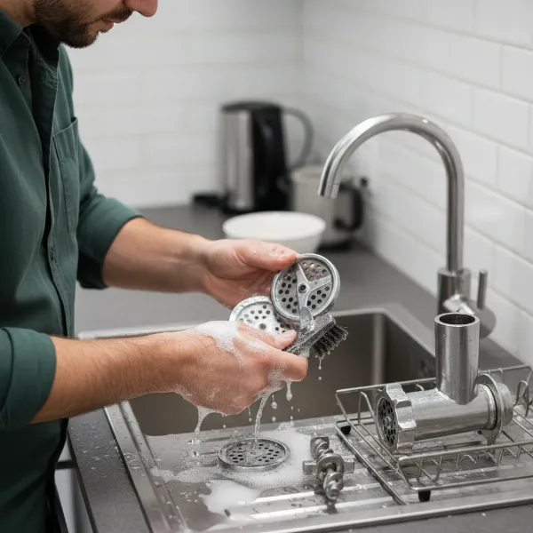 Man cleaning a disassembled meat grinder with a brush and soapy water for proper maintenance.