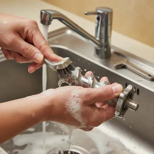 Hands meticulously cleaning disassembled meat grinder parts with a brush and soapy water, illustrating proper maintenance practices.