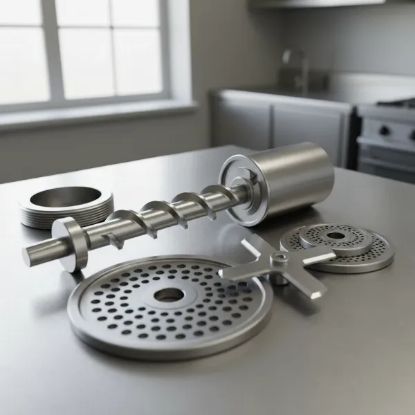 Close-up view of essential meat grinder components including the blade, plate, and auger, highlighting their crucial role in preventing smearing.