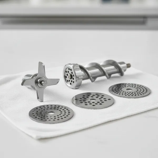 Cleaned and thoroughly dried stainless steel components of a meat grinder ready for storage.