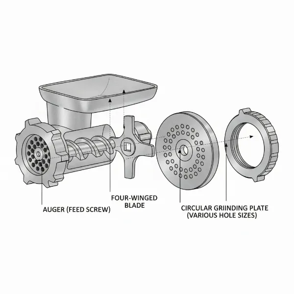Diagram illustrating the key components of a meat grinder: auger, blade, and grinding plate.