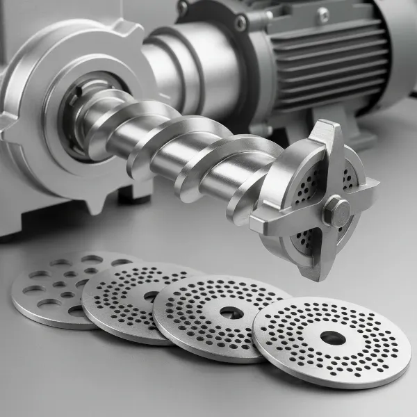 Close-up of durable stainless steel components of a meat grinder, including auger, blade, and grinding plates.