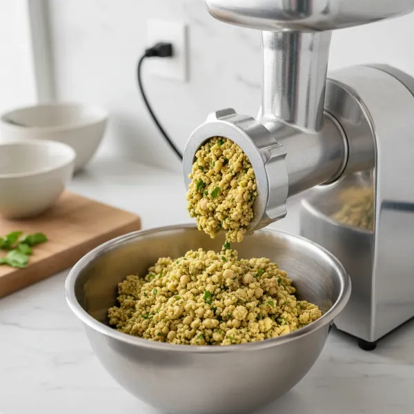 A close-up view of a meat grinder producing coarse falafel mixture, highlighting the ideal texture.