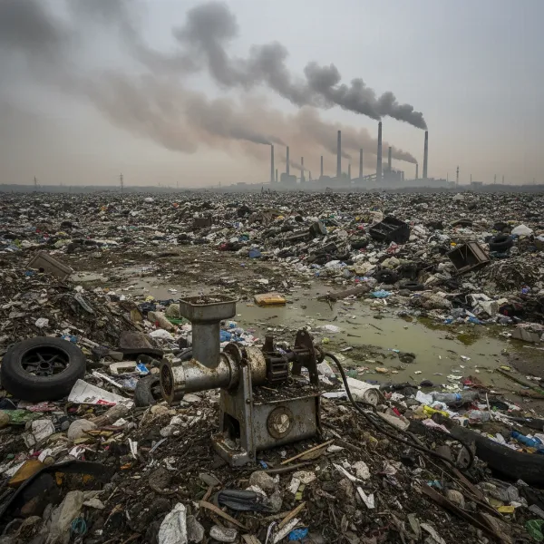 An old broken meat grinder in a landfill, highlighting environmental concerns of improper disposal