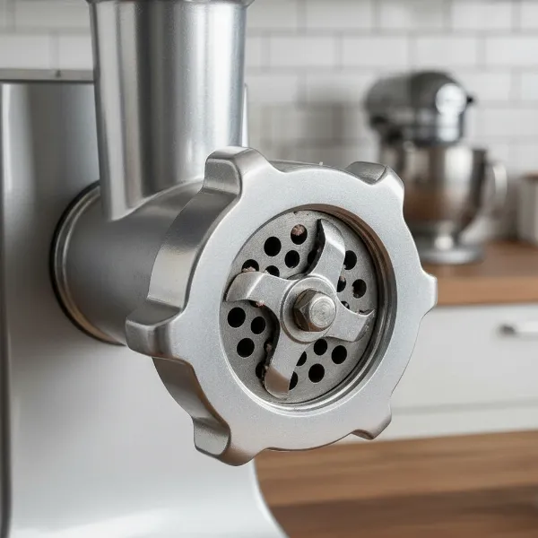 Close-up of a meat grinder's locking ring, cutting blade, grinding plate, and auger assembled.