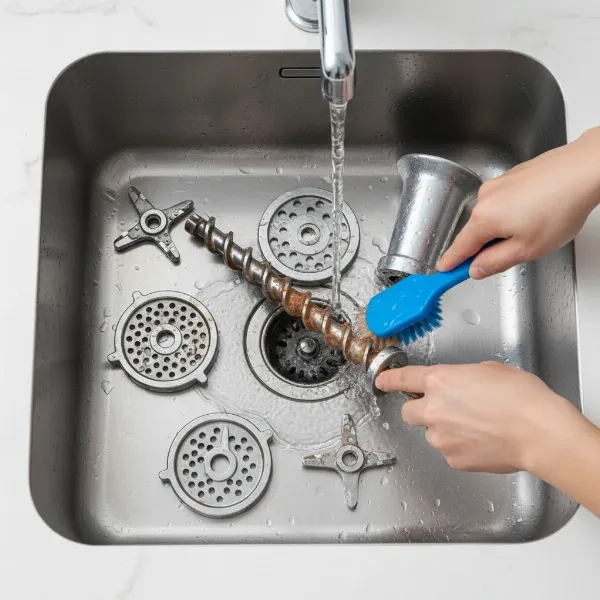 Various parts of a disassembled meat grinder being cleaned thoroughly in a sink after use.