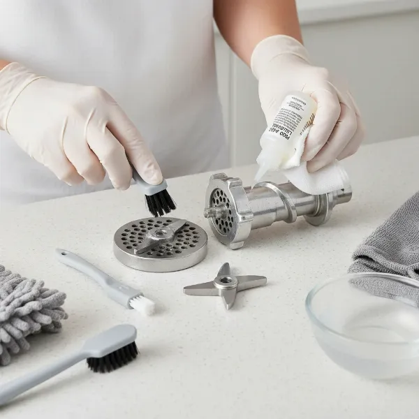 Hands cleaning and lubricating disassembled parts of a meat grinder for maintenance.
