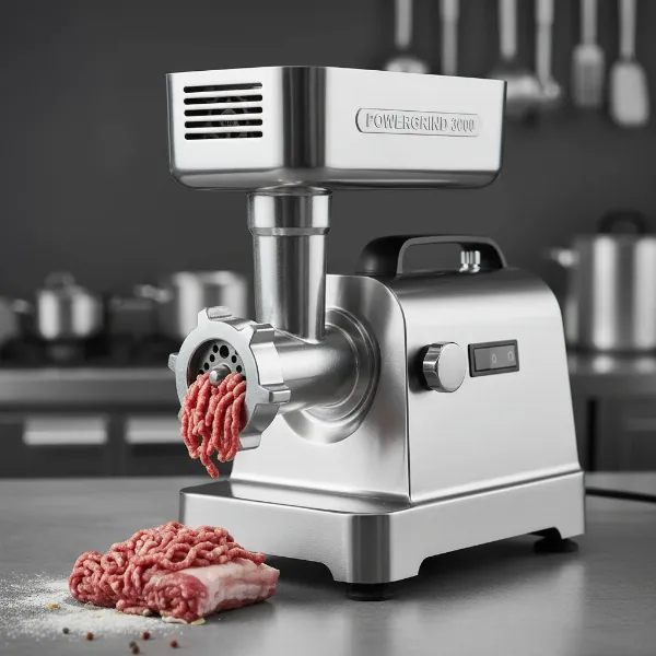 Close-up of a powerful electric meat grinder, highlighting its motor and stainless steel components for durability.