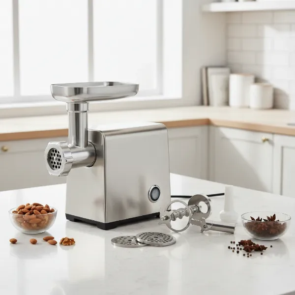 A versatile electric meat grinder with various attachments, ready for grinding nuts and spices.