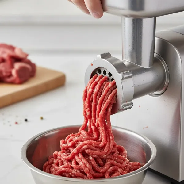 An electric meat grinder actively grinding meat, producing perfectly textured, loose ground meat without smearing.