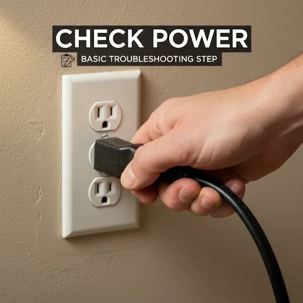 A person's hand checking a meat grinder's power cord connection to an electrical outlet.