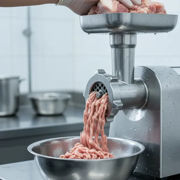 A powerful electric meat grinder actively processing chilled pork chunks through a coarse plate
