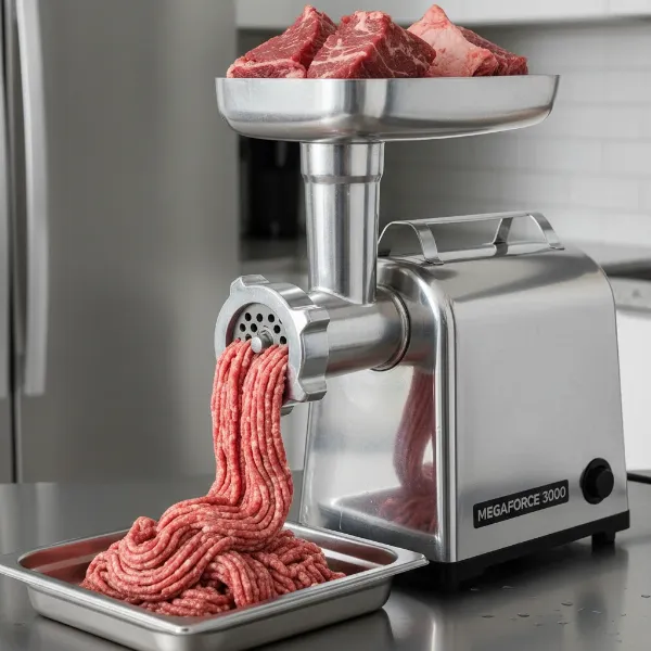 Megaforce 3000 electric meat grinder actively processing tough beef cuts, demonstrating powerful and efficient operation.