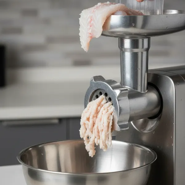 Electric meat grinder actively processing fish fillets into a coarse, consistent ground texture.