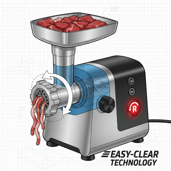 Electric meat grinder with reverse button, showing auger pulling jammed meat backward.