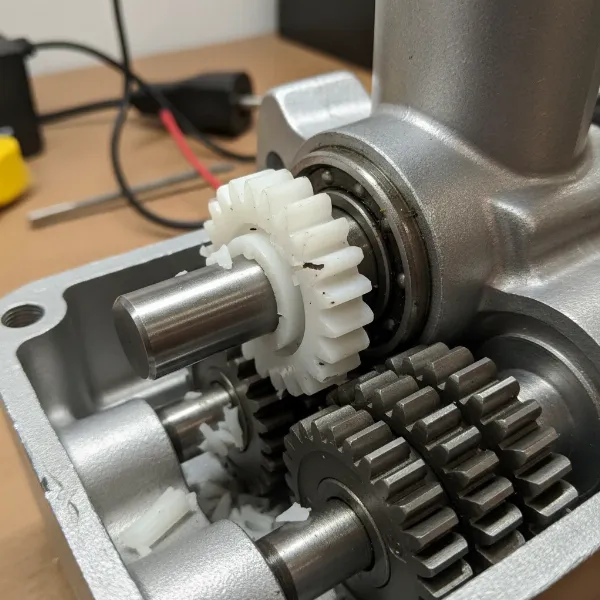 Broken plastic gear in a meat grinder, illustrating a sacrificial component.