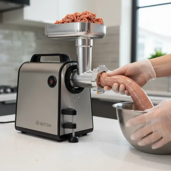 Electric meat grinder using a sausage stuffing attachment to make homemade sausages.