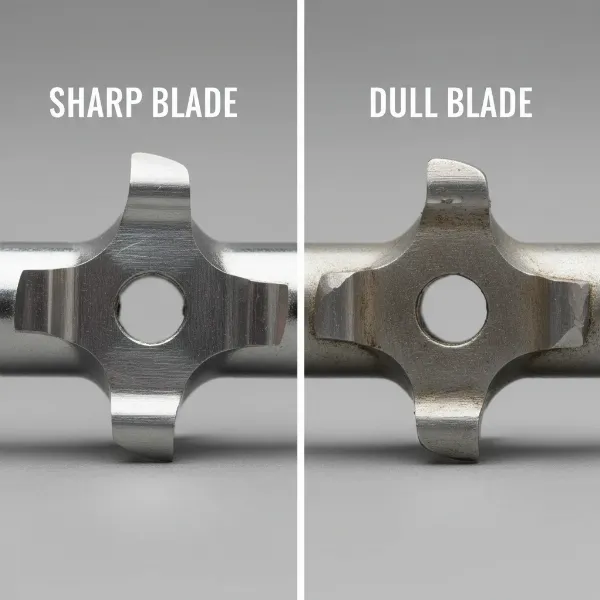 Side-by-side comparison of a sharp meat grinder blade and a dull, worn blade, clearly showing the difference in cutting edge condition.