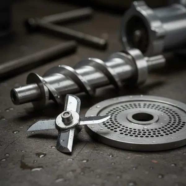close up stainless steel meat grinder components
